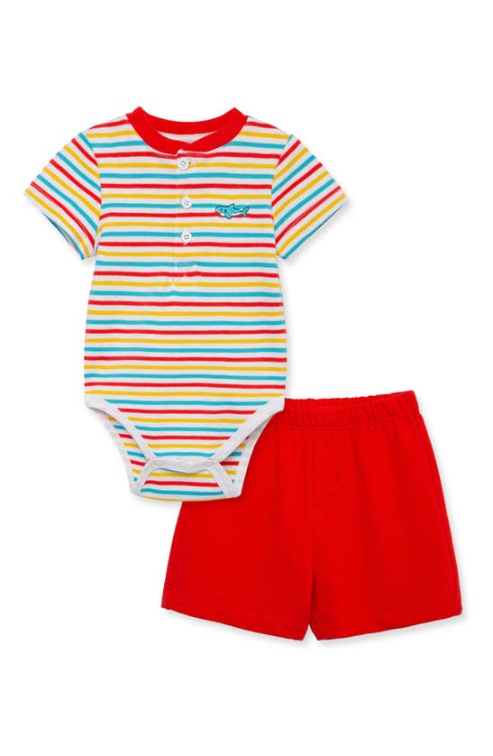 Little Me Boys' Shark Stripe Bodysuit & Solid Shorts Set - Baby In Red