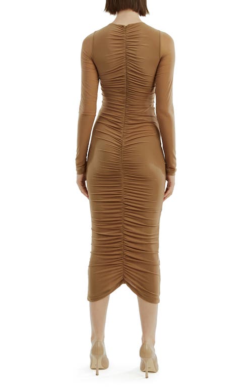 Shop Bardot Jaya Gathered Long Sleeve Mesh Body-con Dress In Tan