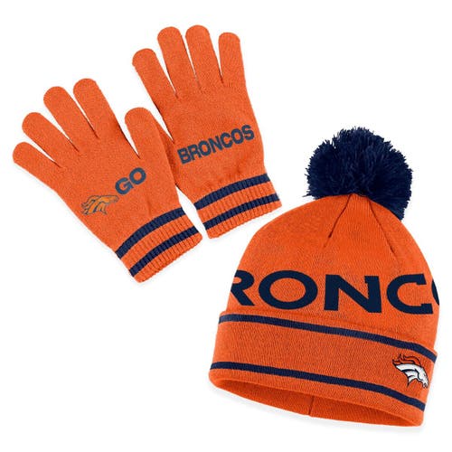 Women's WEAR by Erin Andrews Orange Denver Broncos Double Jacquard Cuffed Knit Hat with Pom and Gloves Set