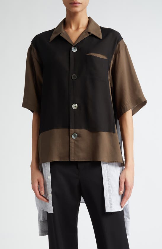 Undercover Oversize Mixed Media Button-up Shirt In Gray Khaki