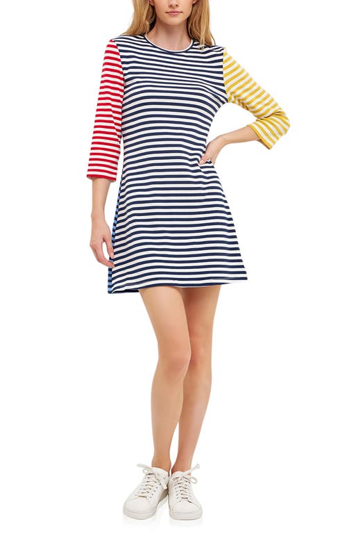 Colorblock Stripe Cotton Knit T-Shirt Dress in Navy Multi
