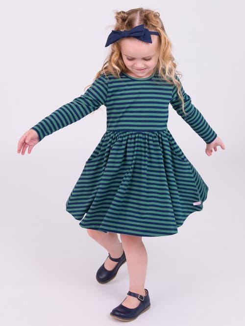 Shop Rufflebutts Toddler Girls Knit Long Sleeve Twirl Dress In Fir Green & Navy Stripe