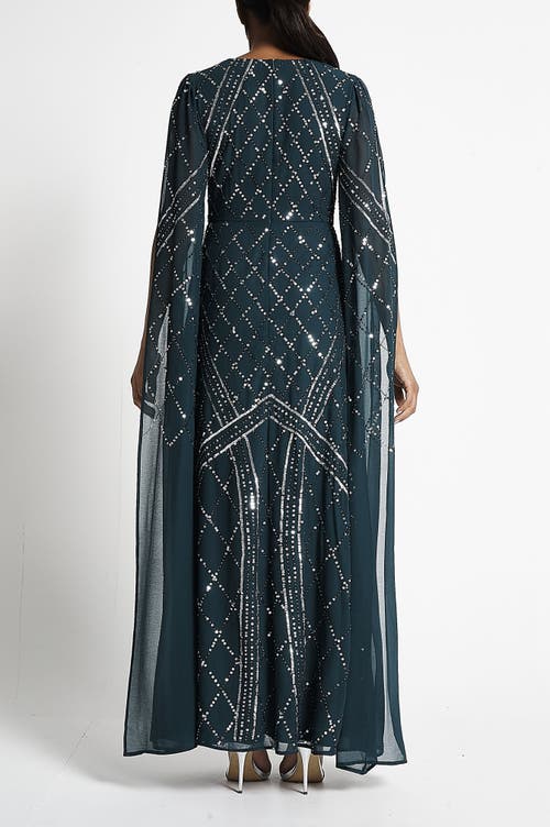 Shop Frock And Frill Cape Sleeve Maxi Gown With Tonal Embellishment In Green