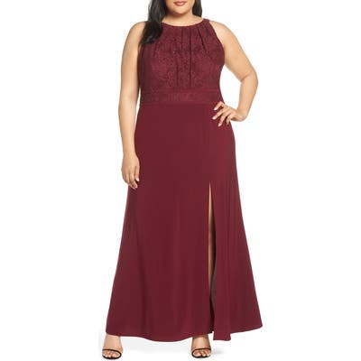 Plus Size Morgan & Co. Pleat Lace Bodice Evening Dress, Burgundy
