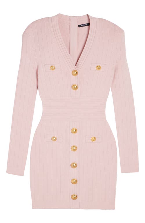 Shop Balmain Button Detail Long Sleeve Rib Sweater Dress In Light Pink