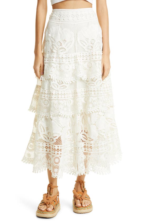 FARM RIO ALUCINA LUZ GUIPURE LACE MIDI SKIRT