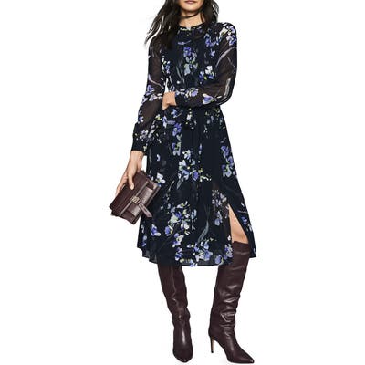 Reiss Hetty Floral Side Slit Long Sleeve Dress, US / 8 UK - Blue