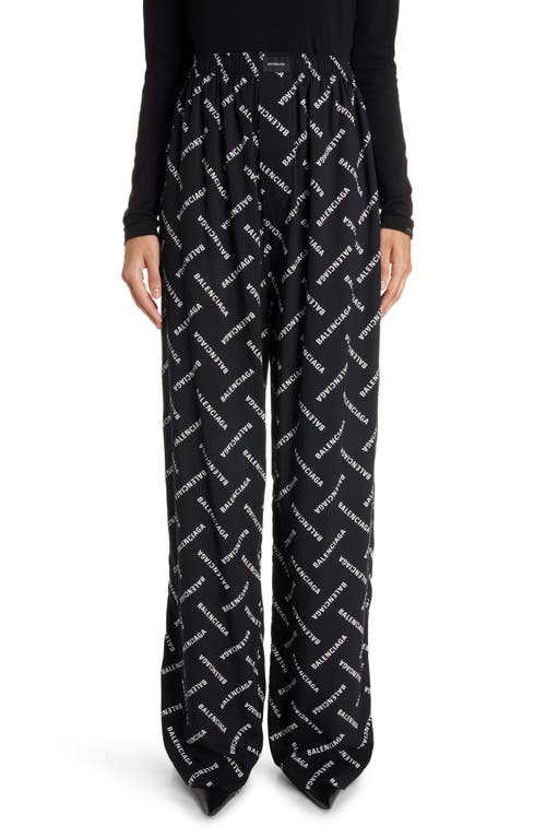 Balenciaga Logo Print Wide Leg Pants In Black/white