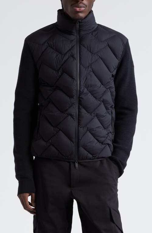 Quilted Mixed Media Virgin Wool Blend Down Jacket in Black