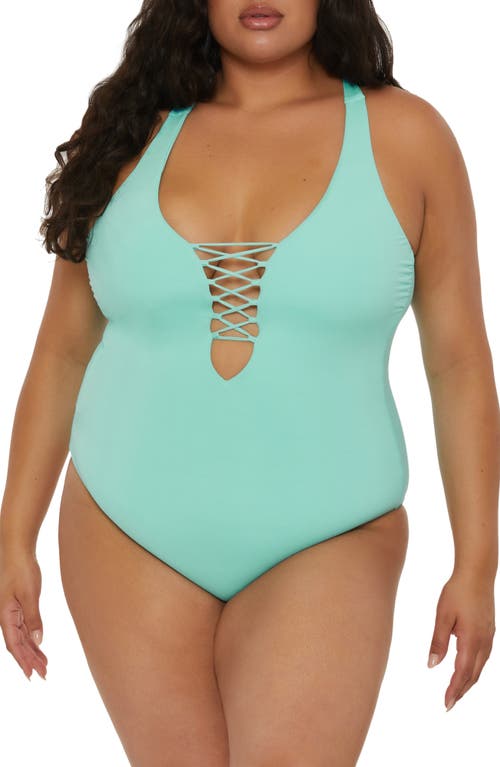 Lace-Up One-Piece Swimsuit in New Cyan