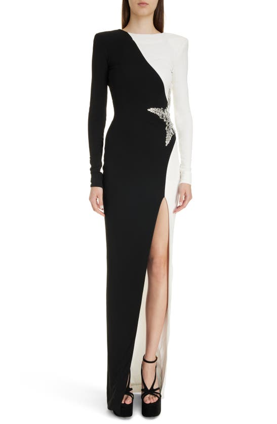 Shop Balmain Embroidered Star Colorblock Long Sleeve Jersey Dress In Ekf Black Multi