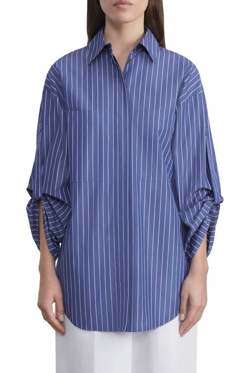 Lafayette 148 New York Stripe Oversize Tab Sleeve Cotton Poplin Shirt in Retro Blue Multi