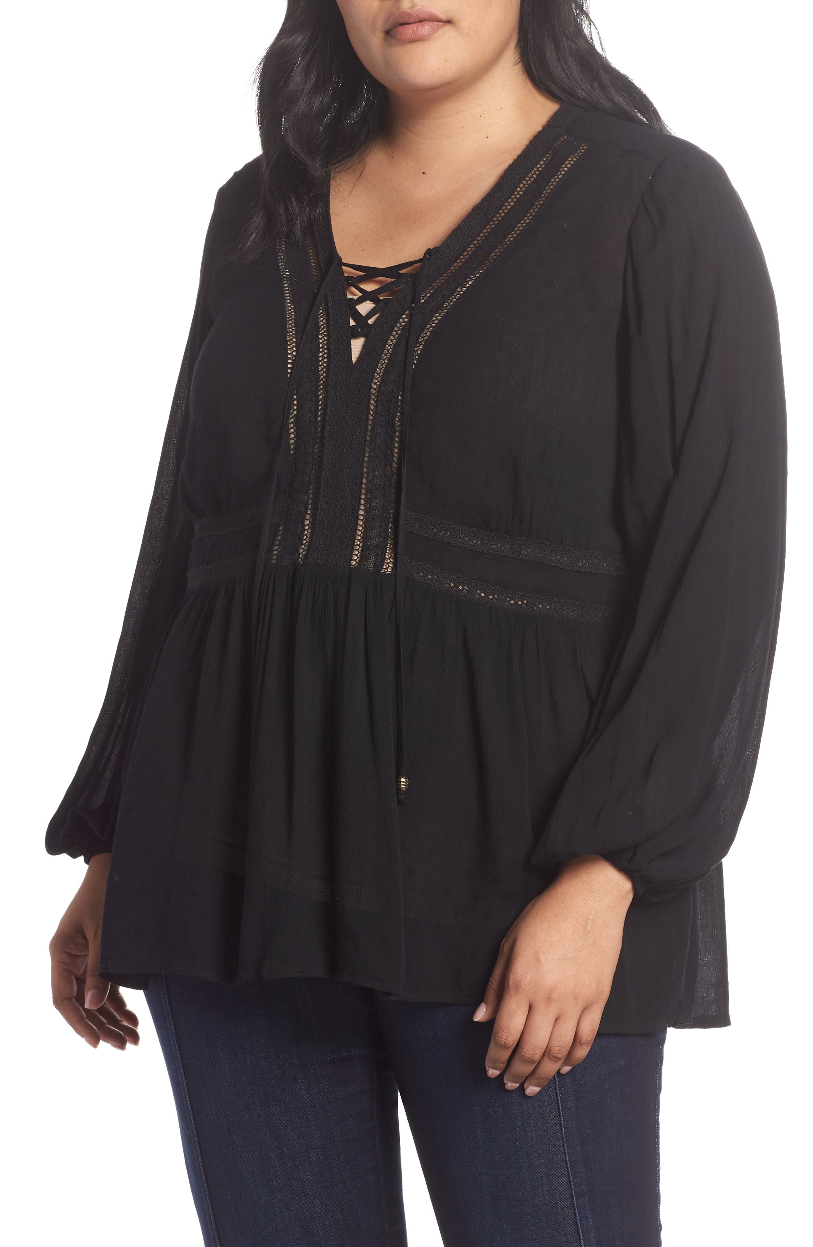 UPC 849333021517 product image for Plus Size Women's Seven7 Lace-Up Crinkled Jacquard Top(Plus Size), Size 2X - Bla | upcitemdb.com