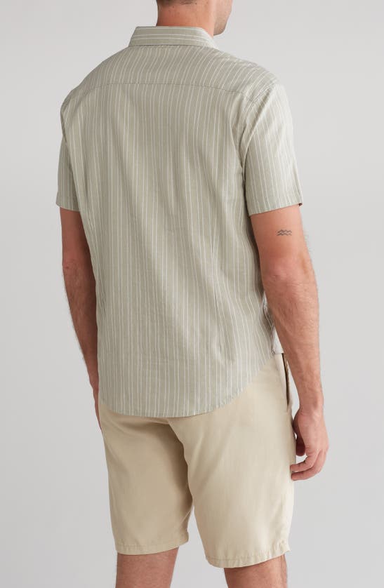 Shop Pto Island Stripe Short Sleeve Linen Blend Shirt In Tan