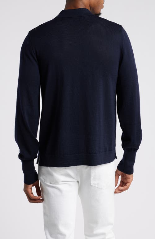 Shop Officine Generale Officine Générale Brutus Long Sleeve Merino Wool Polo Sweater In Dark Navy