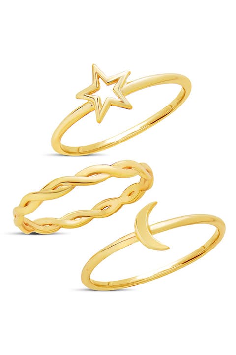 14K Yellow Gold Plate Sterling Silver Celestial Stacking Rings - Set of 3
