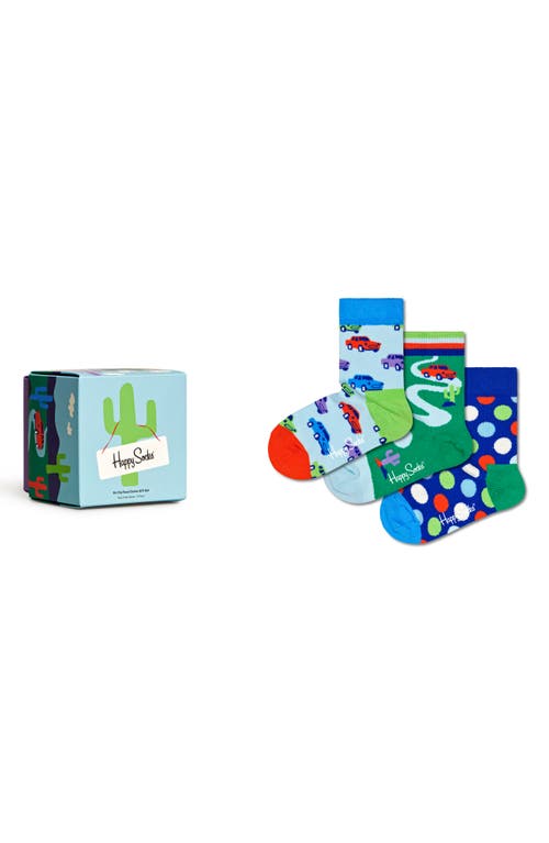 Happy Socks Kids' Road Trip Assorted 3-Pack Crew Socks Gift Box in Green