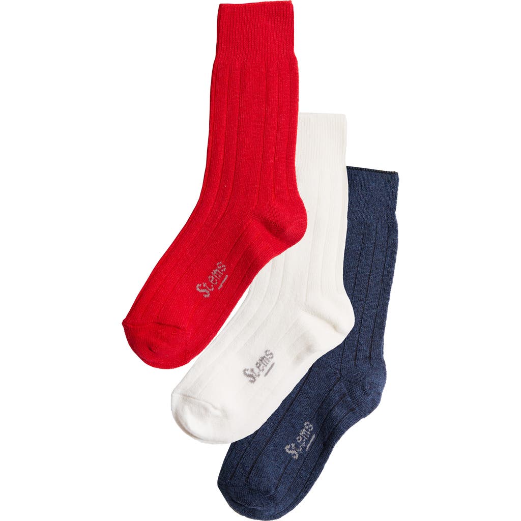Stems Lux Cashmere Wool Socks Box Of Three In Navy/ivory/red