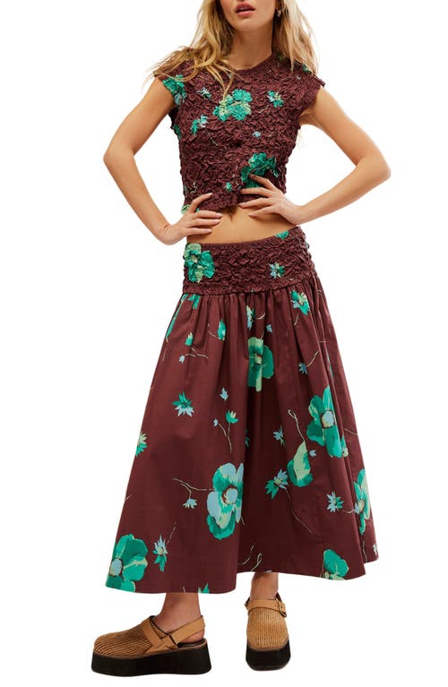 Carino Floral Two-Piece Stretch Cotton Crop Top & Midi Skirt in French Chocolate Com