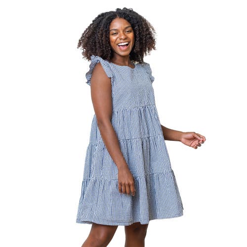 Hope & Henry Flutter Sleeve Short Tiered Dress In Navy Gingham