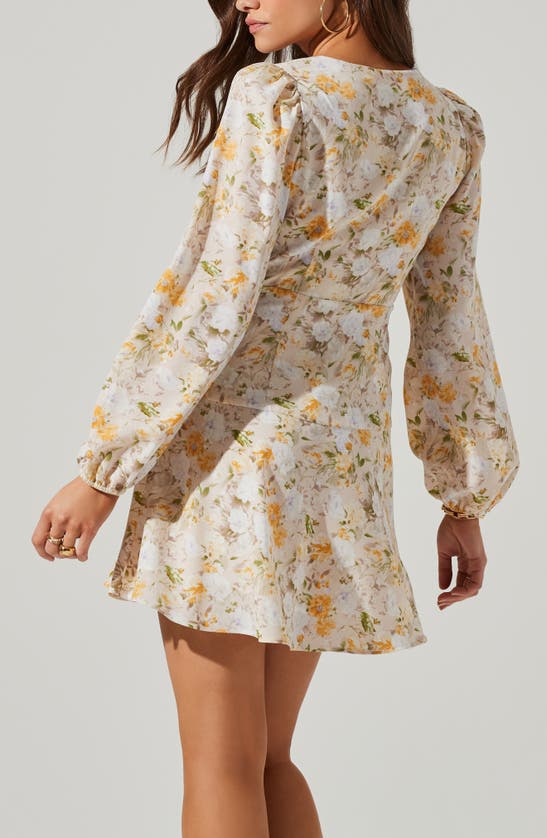 Shop Astr Floral Print Side Tie Long Sleeve Minidress In Yellow Multi Floral