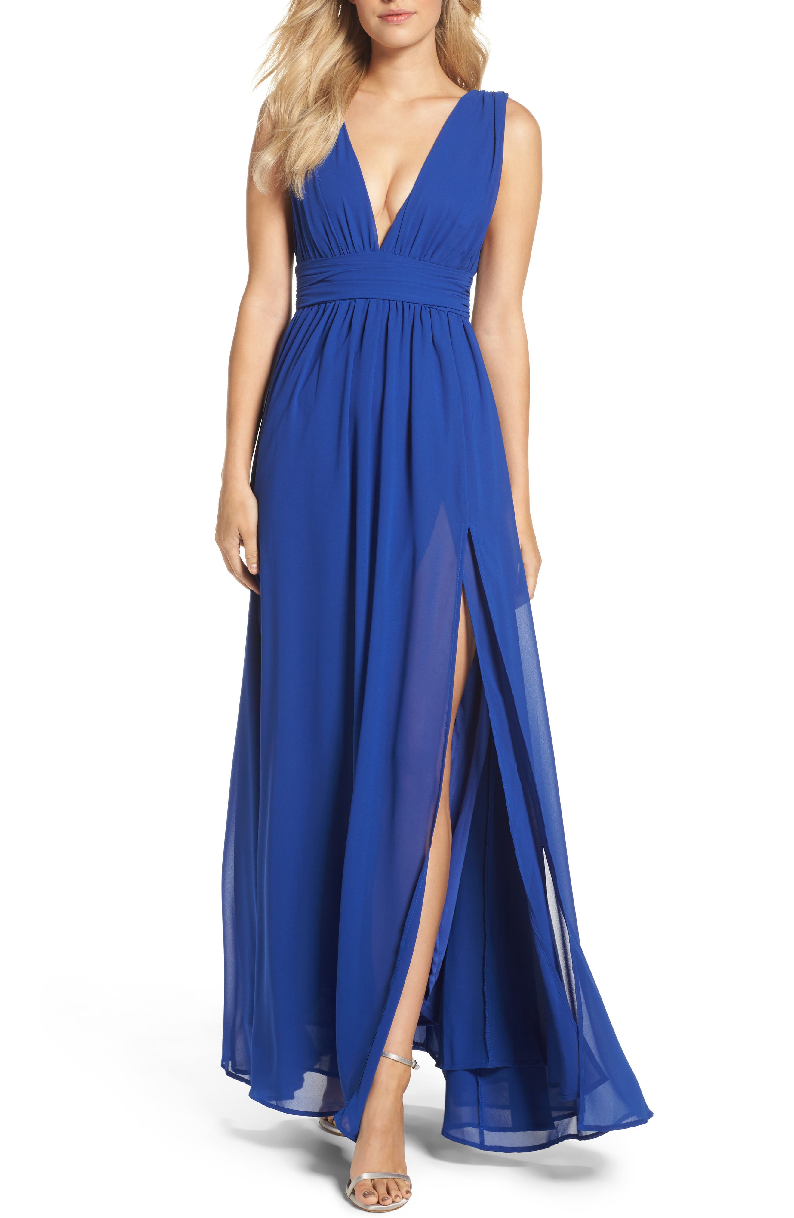 Lulus Plunging V-neck Chiffon Gown In Royal Blue | ModeSens