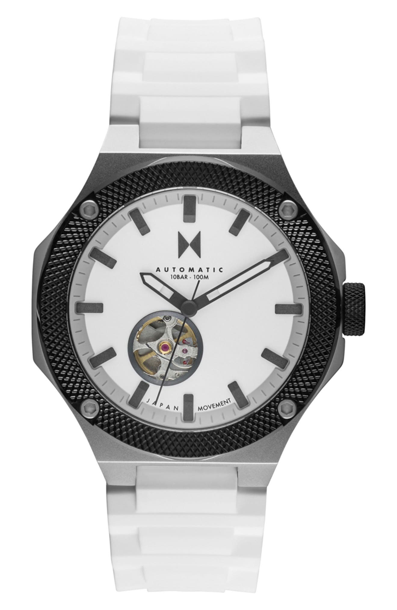 MVMT Raptor Automatic Silicone Strap Watch, 46.5mm in White 