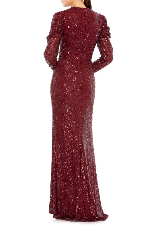 Shop Mac Duggal Sequin Juliet Sleeve Trumpet Gown In Wine