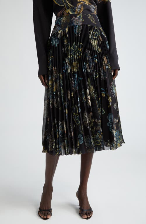 Forest Print Pleated Chiffon Skirt in Black/Multi