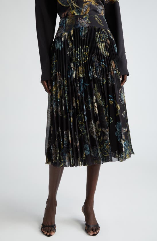 Jason Wu Forest Print Pleated Chiffon Skirt In Black
