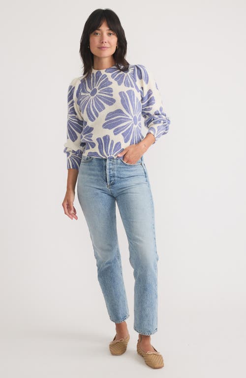 Shop Marine Layer Floral Print Balloon Sleeve Crewneck Sweater In Blue Floral