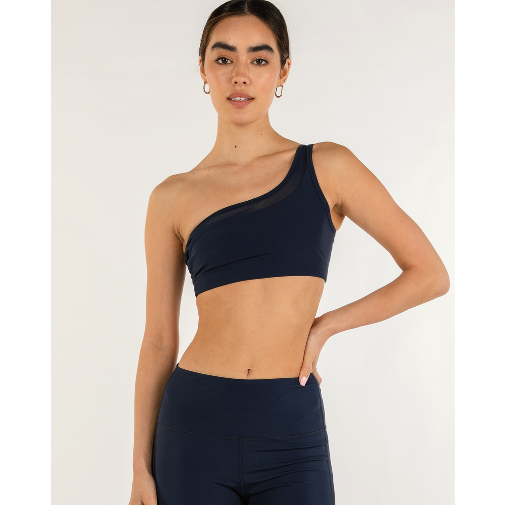 Rebody Active On Duty Mesh One Shoulder Silkiflex Bra In Cool Navy