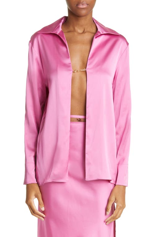 Jacquemus La Chemise Notte Logo Charm Open Front Stretch Satin Blouse in Pink