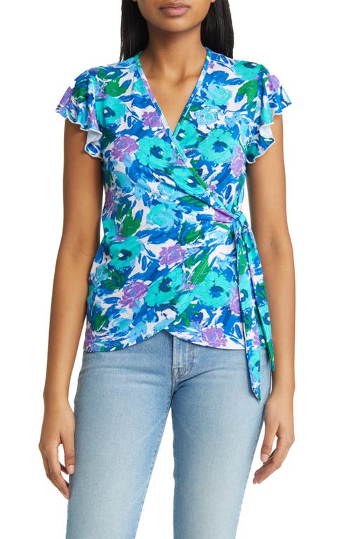 Shop Loveappella Floral Flutter Sleeve Knit Wrap Top In Aqua/violet