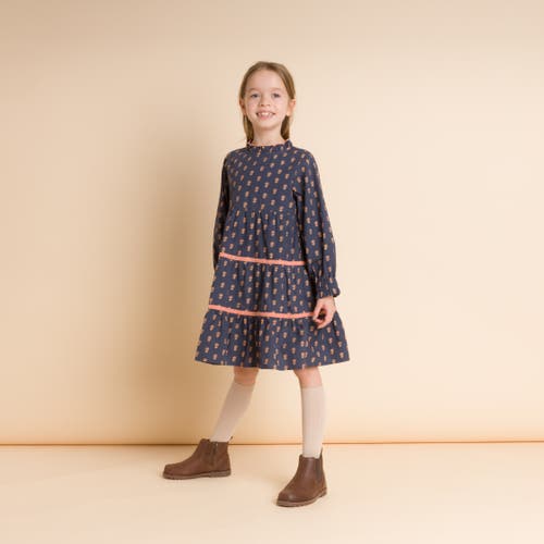 Beet World Toddler Girls' Long Sleeves Tiered Skirt Dress With Velvet Trim | Orange Floral In Black And Orange