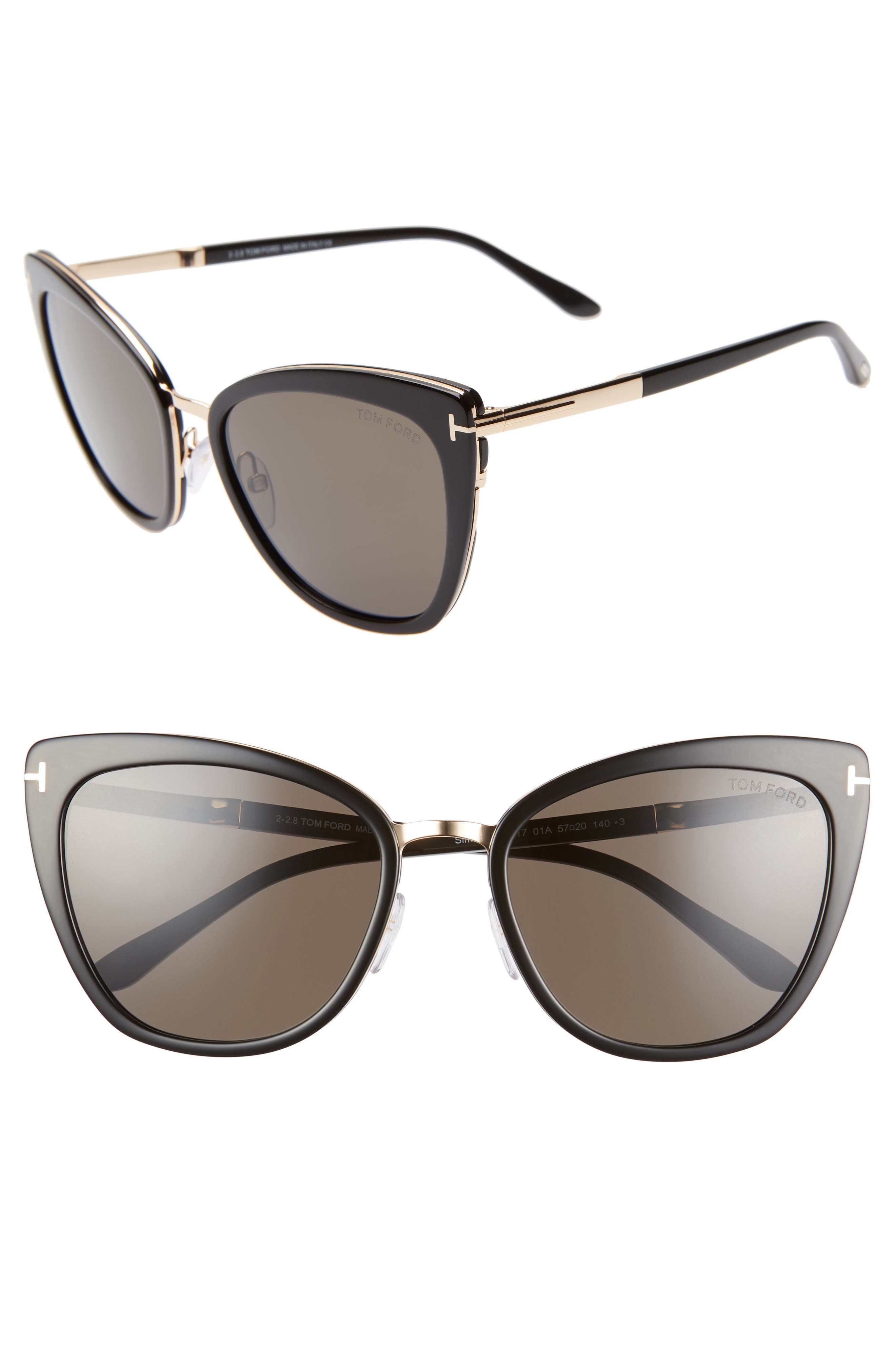Tom Ford Simona 56mm Cat Eye Sunglasses in Black/Rose Gold/Smoke at Nordstrom