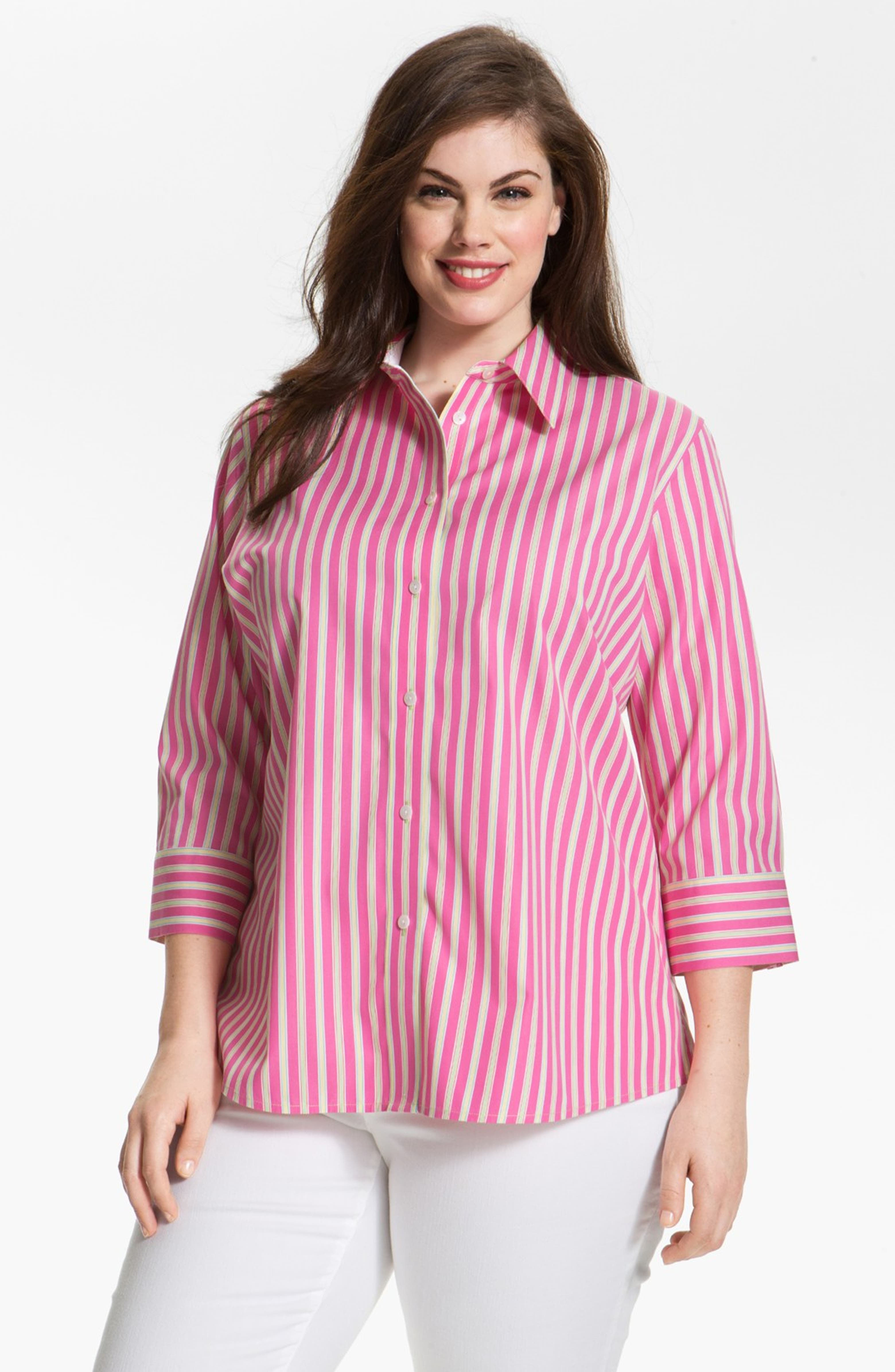Foxcroft Stripe Shaped Shirt (Plus Size) | Nordstrom