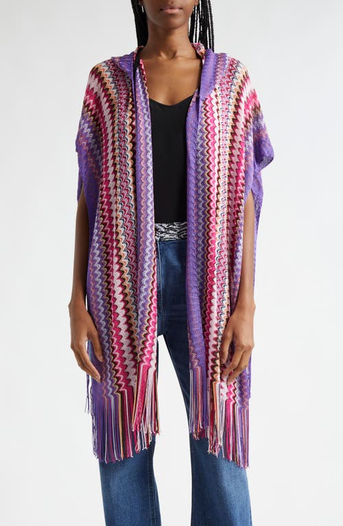 Shop Missoni Chevron Stripe Hooded Fringe Cardigan In Pink/purple Multi