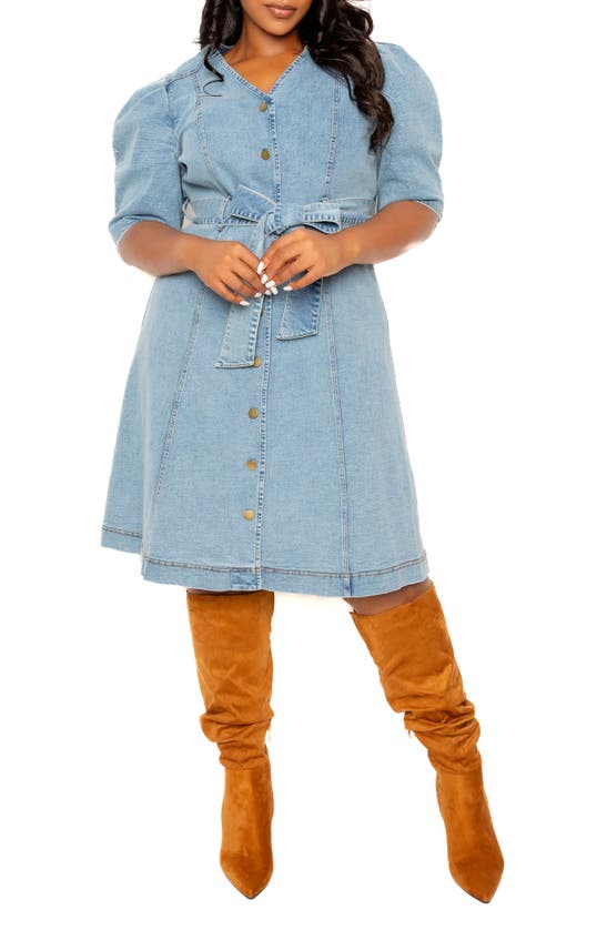 Buxom Couture Puff Sleeve Tie Belt Denim Shirtdress In Denim Blue