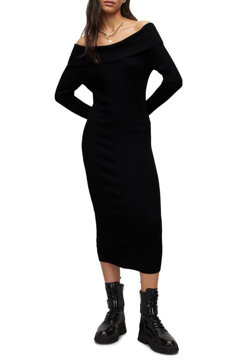 Black Wrap Front Off the Shoulder Sweater Dress main image 0
