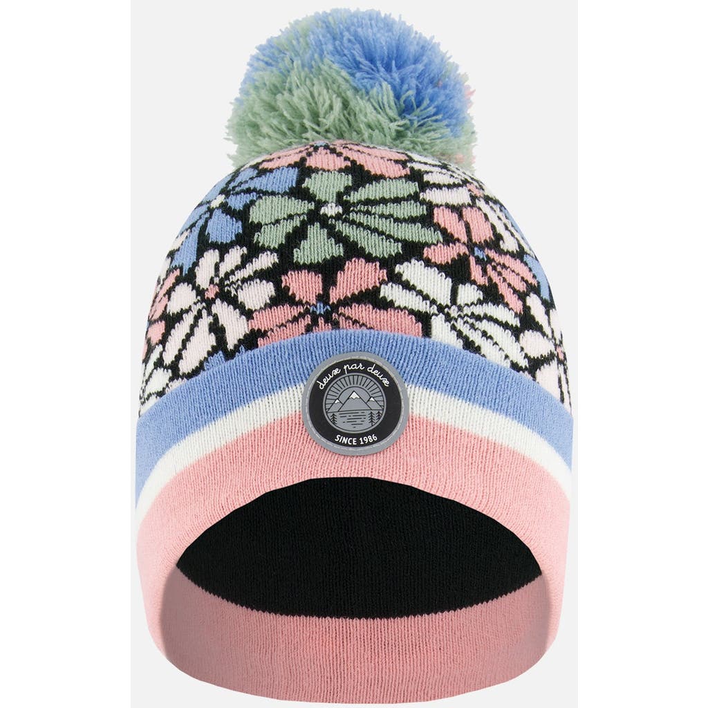 Deux Par Deux Girl's Knit Hat Blue, Pink And White Retro Flowers In Flowers Jacquard