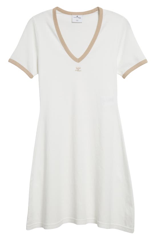 Shop Courrèges Contrast Trim V-neck Cotton Jersey Minidress In White Heritage/ Sand