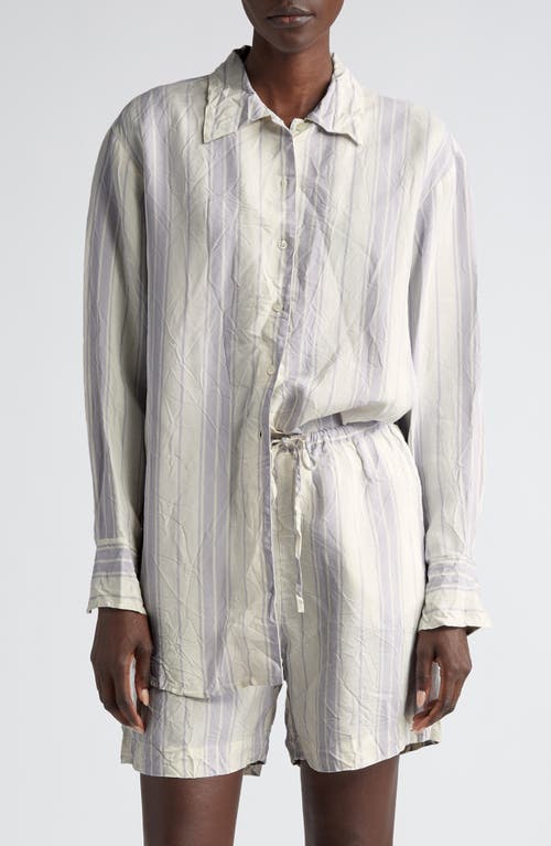 Portico Stripe Rumpled Satin Button-Up Shirt in Glicine