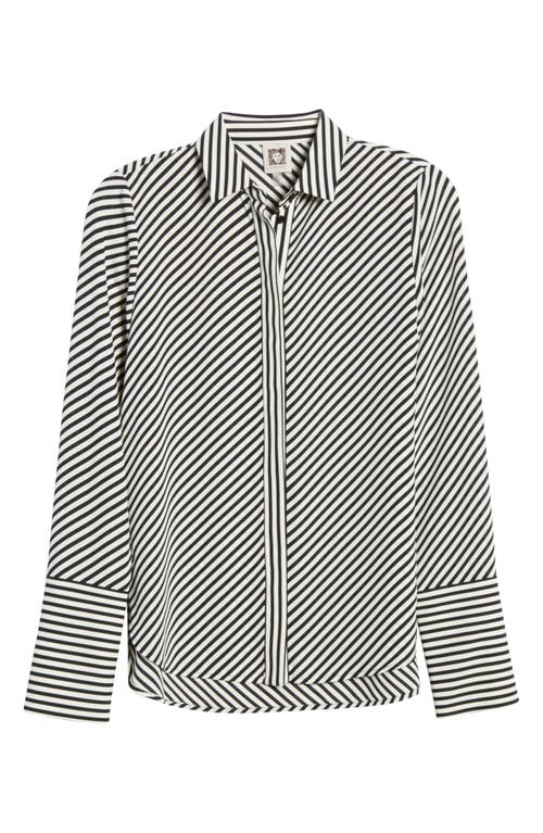 Anne Klein Plus Size Striped Slit-cuff Blouse In Anne Blk/anne White Combo