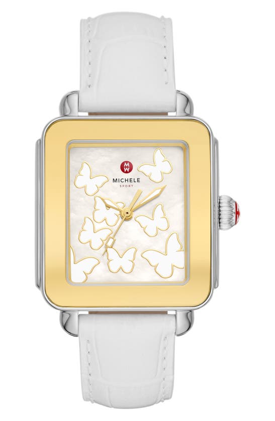 Michele Deco Sport Butterfly Watch Head & Leather Strap, 34mm In White
