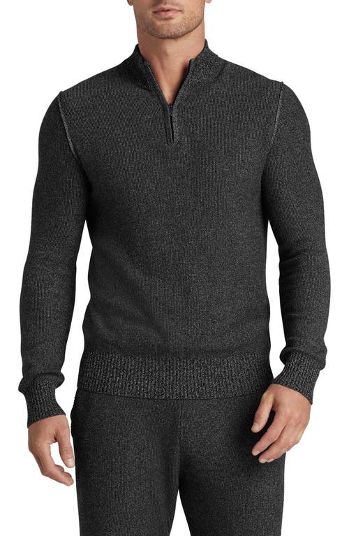 Quarter Zip Cotton Blend Sweater in Black/Medium Heather Grey