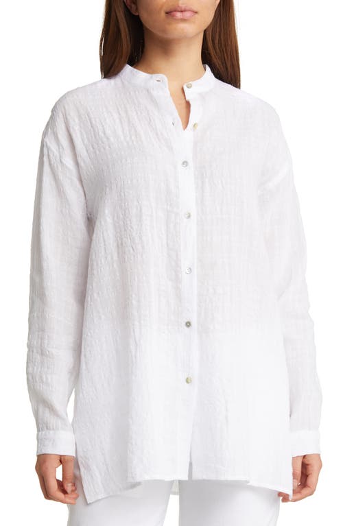 Eileen Fisher Mandarin Collar Boxy Organic Linen & Cotton Shirt in White
