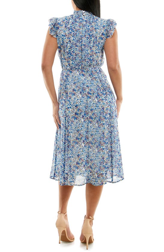 Shop Nina Leonard Smock Chiffon Midi Dress In Blue Multi