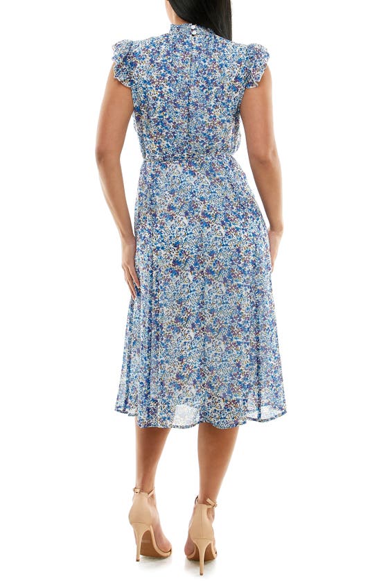 Nina Leonard Smock Chiffon Midi Dress In Blue Multi