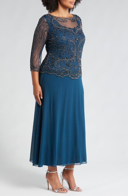 Pisarro Nights Beaded Mesh Mock Two-piece Gown In Sapphire